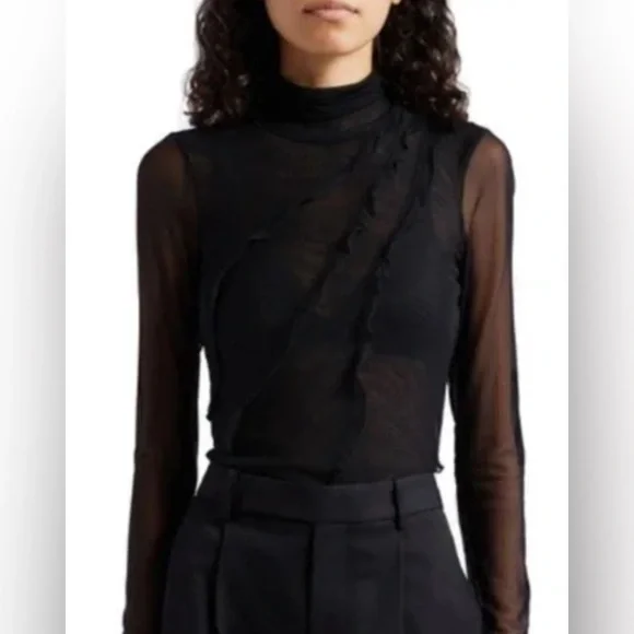 Cinq a Sept Black Mesh Turtleneck Top - Picture 1 of 6